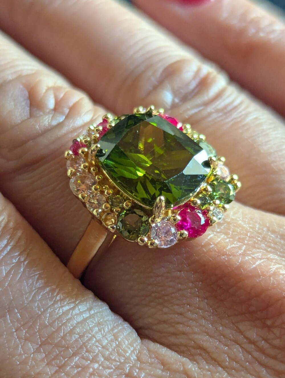 Vintage Style Gold-tone Ring with Green Center and Pink Accent Stones 1920s Sz 8 - Picture 5 of 12